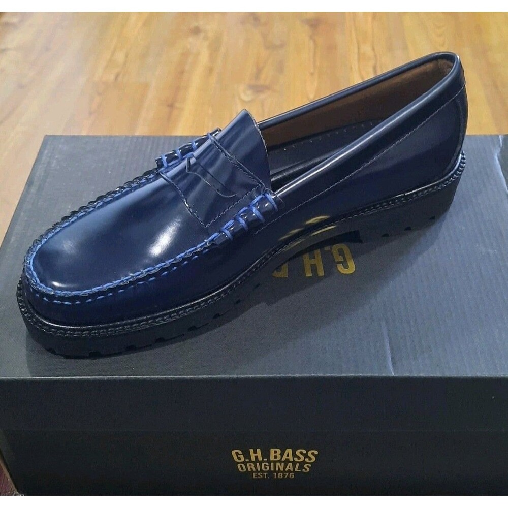 GH BASS Weejuns Larson Lug Penny Loafers RARE NAVY BLUE Leather Men Sz 8 NEW BOX - Picture 3 of 6